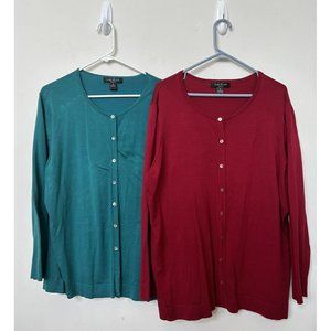 August Silk Women's Red Green Cardigan Sweater button up Silk 2pc Lot Size 3X